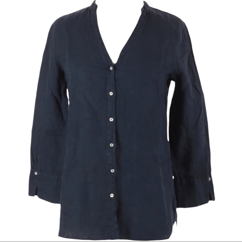 Zara 100% Linen Lagenlook Blue Button Down Top XS